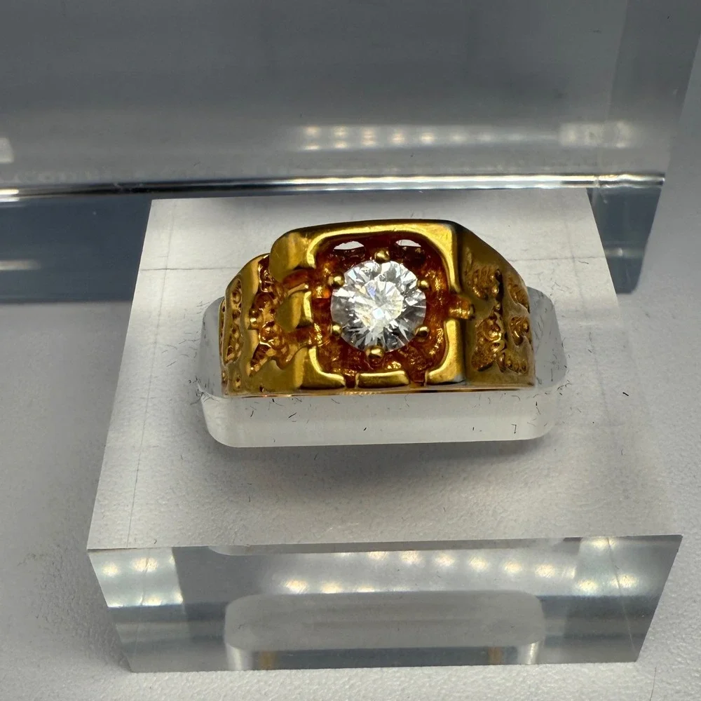 Chunky Vintage Gold Tone Men's Statement Ring with Clear Glass Stone Size 11.75